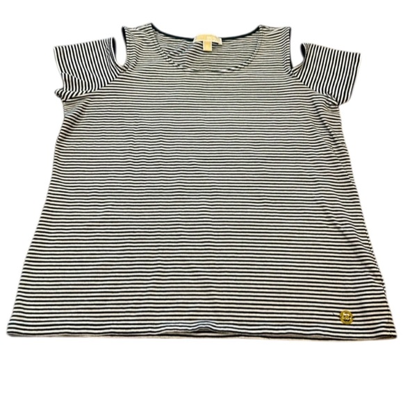 Michael Kors Cold Shoulder Short Sleeved Top Size XL Black White Striped - Picture 1 of 9